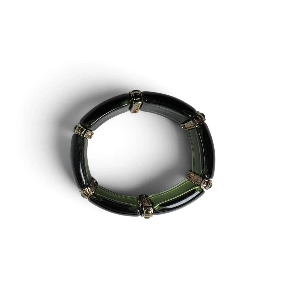 Vintage Olive Green Lucite Segmented Stretch Bracelet Gold Tone Crystal Accents